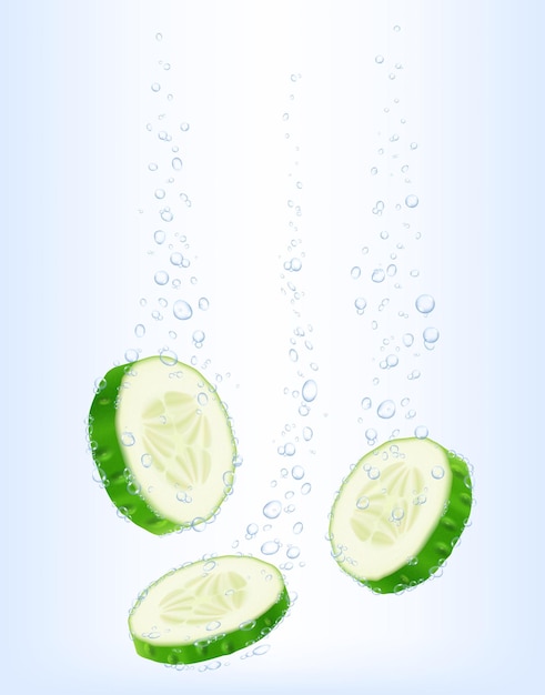 Plakjes komkommer vallen in helder water veel bubbels Realistische 3D-vectorillustratie San kan worden gebruikt als reclame voor cosmetica, medische producten, verpakkingsontwerp Gezondheid, schoonheidsconcept