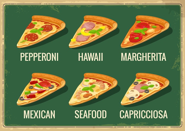 Plakjes pizza Pepperoni Hawaiiaanse Margherita Mexicaanse zeevruchten Capricciosa Geïsoleerde retro vintage vectorillustratie voor poster menu's pictogrammen webdesign infographic