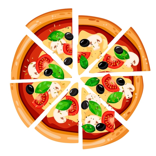 Plakt pizza met tomaten, kaas, olijven, champignons en basilicum vectorillustratie