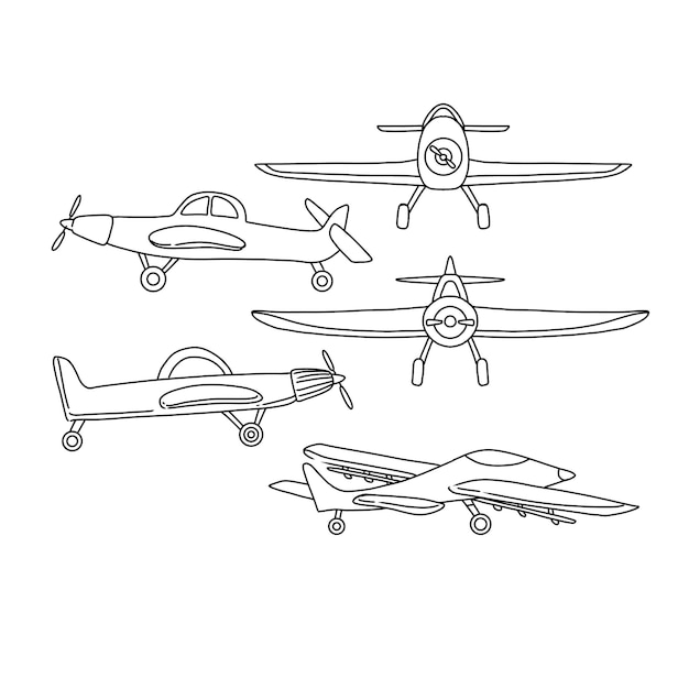 plan airplane transportation hand drawn doodle illustrations vector set
