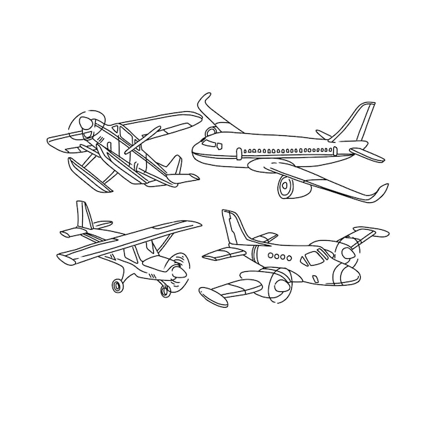 계획 비행기 교통 손으로 그린 낙서 삽화 벡터 세트