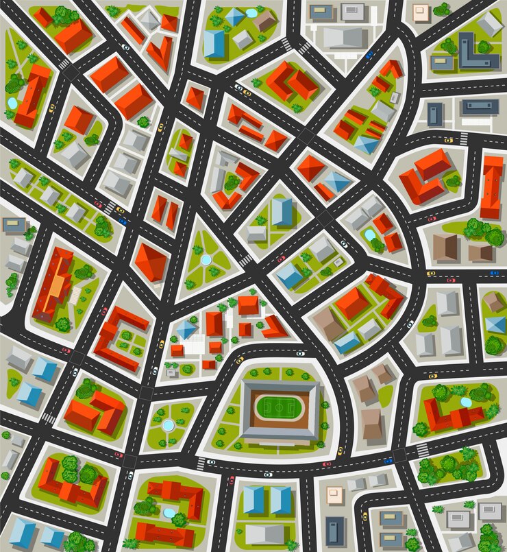 Vector plan for the big city with streets, roofs, cars. city in plan view.