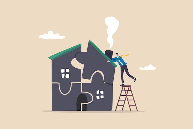 plan to buying new house or renovation, mortgage loan or housing expense, property maintenance or real estate insurance concept, smart businessman put jigsaw to complete or finishing house puzzle.