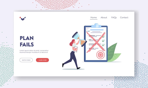 Plan fails landing page template. tiny female character run with huge sandglass and paper document with red cross. office employee need to rework bad work in office. cartoon people vector illustration