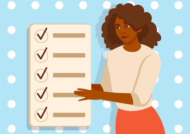 Vector plan fulfilled concept woman stands next to task list and marks completed projects personal