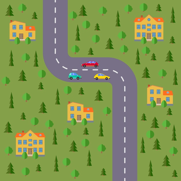 村の計画。道路、森、車、家のある風景。ベクトルイラスト