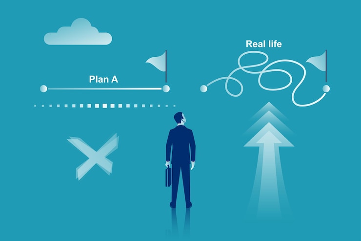 Vector plan a and plan b real life businessman passes to second option vector illustration flat design up a