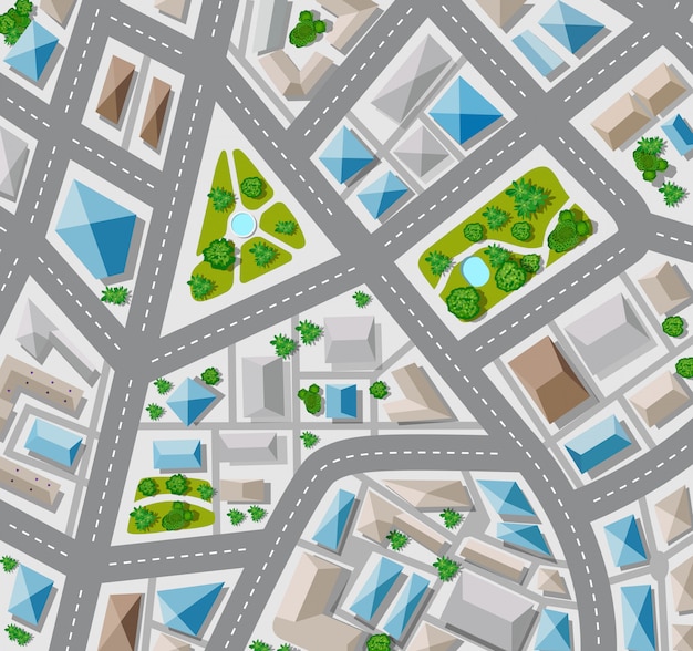 Plan top view for the big city with streets, roofs, cars