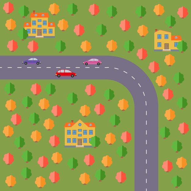 Plan of village. Landscape with the road, forest, cars and houses.  Vector illustration