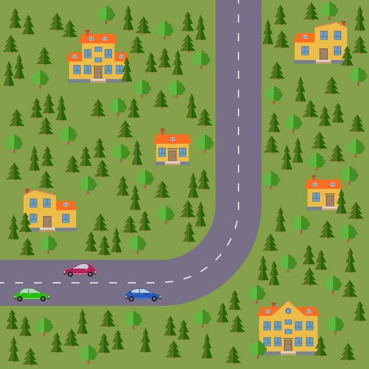Vector plan of village. landscape with the road, forest, cars and houses.  vector illustration