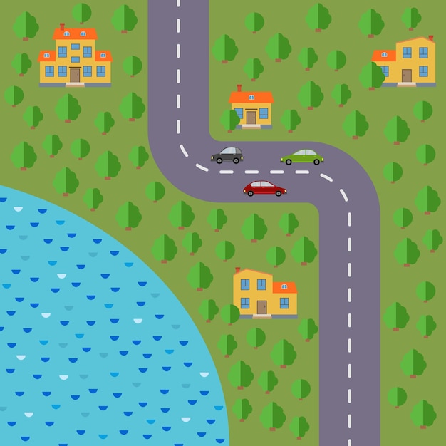 村の計画。道路、森、湖、車、家のある風景。ベクトルイラスト