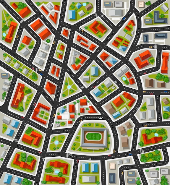 Plan voor de grote stad met straten, daken, auto's. stad in bovenaanzicht.