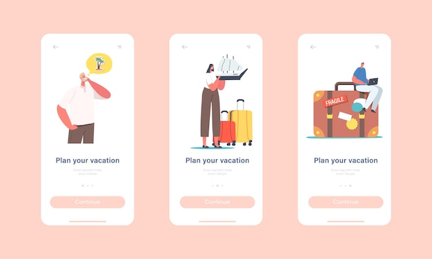 Plan your Vacation Mobile App Page Onboard Screen Template. Tiny Characters with Luggage Planning Trip, Summer Time Leisure, Journey, Summertime Relax Concept. Cartoon People Vector Illustration