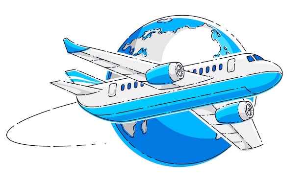 Plane airliner with earth planet, airlines air travel emblem or illustration. Beautiful thin line vector isolated over white background.