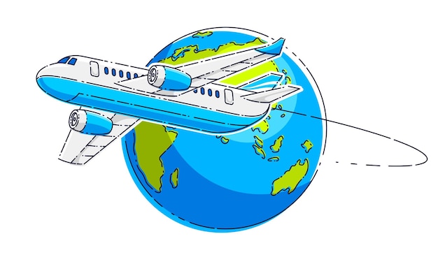 地球惑星、航空会社の空の旅のエンブレムやイラストを備えた飛行機の旅客機。白い背景の上に分離された美しい細い線ベクトル。