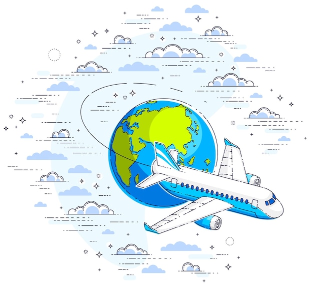 雲に囲まれた空に地球惑星を持つ飛行機の旅客機、航空会社の空の旅のイラスト。白い背景の上に分離された美しい細い線ベクトル。