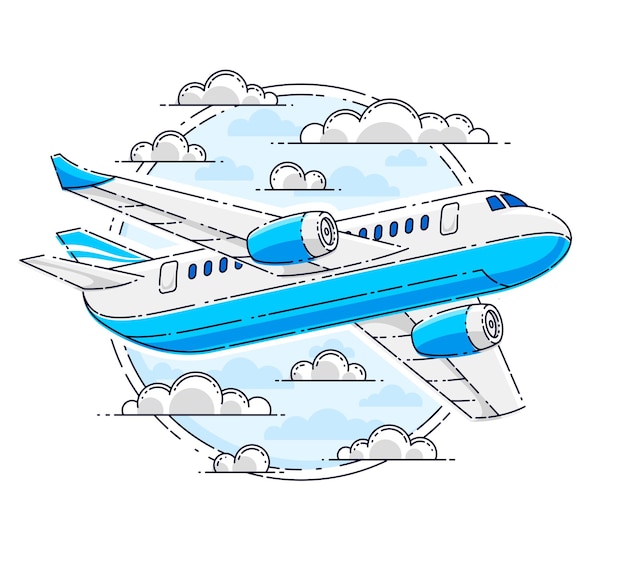 丸い形の飛行機の旅客機、航空会社の空の旅のエンブレムやイラスト。白い背景の上に分離された美しい細い線ベクトル。