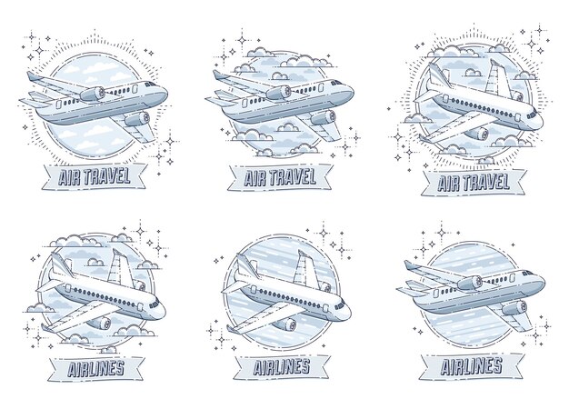 Plane airliner with round shape and ribbon with typing, airlines air travel emblems or illustrations set. Beautiful thin line vectors set isolated over white background.