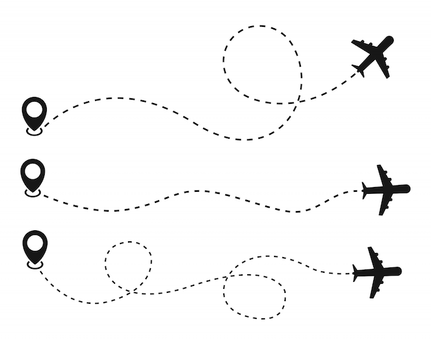 흰색 배경에 비행기와 트랙 아이콘입니다.