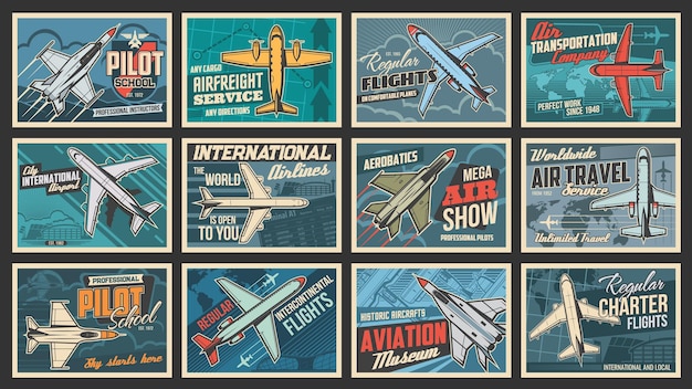 Vector plane and aviation retro posters pilot school