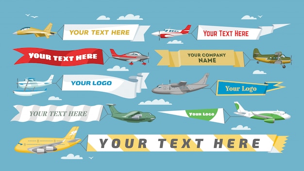 Vector plane banner  airplane or aircraft with blank message advertisement and text template ad in illustration