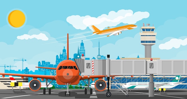 plane before takeoff. airport control tower, jetway, terminal building and parking area.