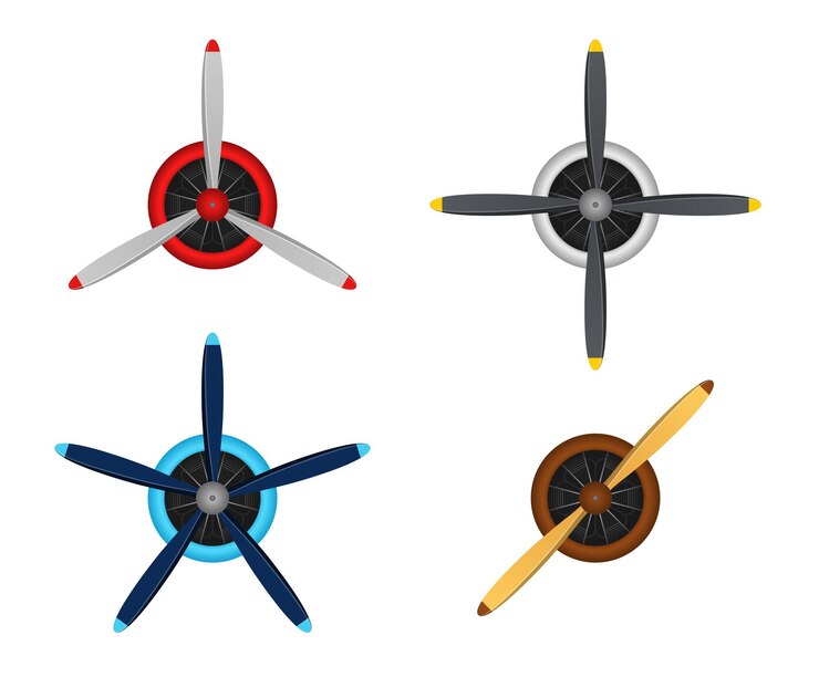 Vector plane blade propeller set isolated on white background. vintage airplane propeller icons with radial engine. turbines icons, fan blade, wind ventilator, equipment generator. vector illustration.