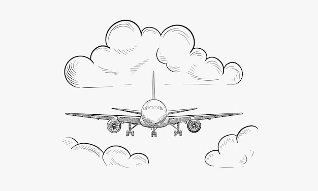 Plane flies in sky clouds vector sketch illustration Air travel tourism flight plane tickets booking hand drawn isolated design elements