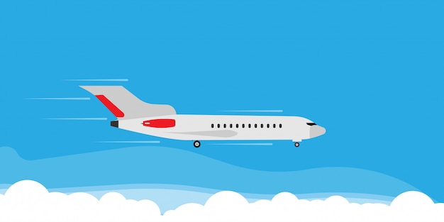 飛行機は雲空イラストバナーコンセプトで飛ぶ。旅行観光ジェット方向休日フラット。
