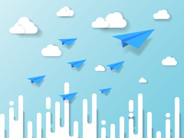 Vector plane flying on blue sky with cloud and abstract background