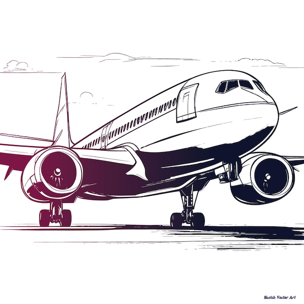 滑走路の上を飛ぶ飛行機とスケッチアートイラストを描く手