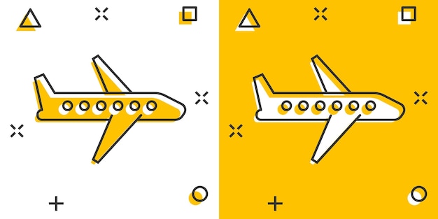 Vettore icona dell'aereo in stile fumetto illustrazione vettoriale del fumetto dell'aeroplano su sfondo bianco isolato concetto di business effetto splash dell'aereo di linea