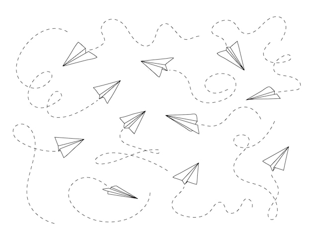 Vector plane icon with fly rout vector paper airplane in hand drawn style outline paper aircraft doodle message sms email symbols