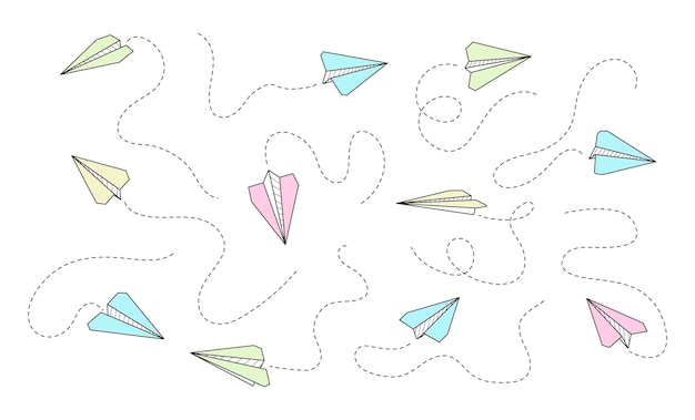 Plane icon with fly rout vector paper airplane in hand drawn style outline paper aircraft doodle message sms email symbols