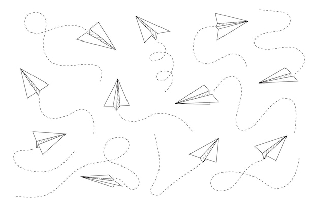 Plane icon with fly rout vector Paper airplane in hand drawn style Outline paper aircraft Doodle message sms email symbols