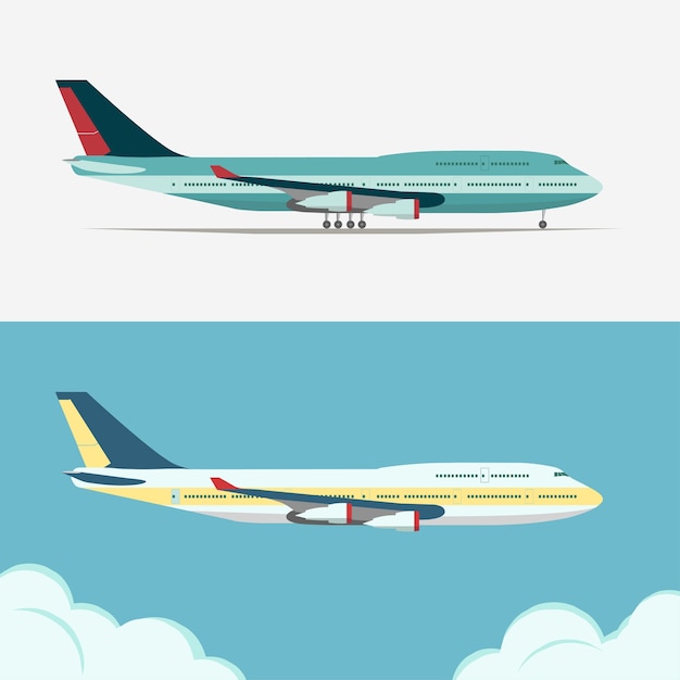 飛行機のイラスト、飛行機のアイコン、空の航空機、雲の上のジェット機、民間航空車両。