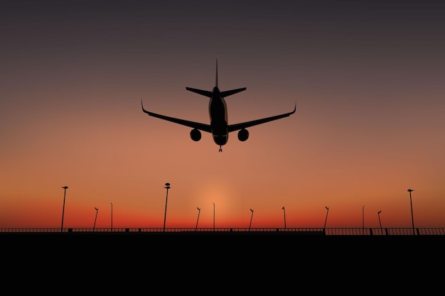 A plane is flying over a runway at sunset with the sun setting behind it.