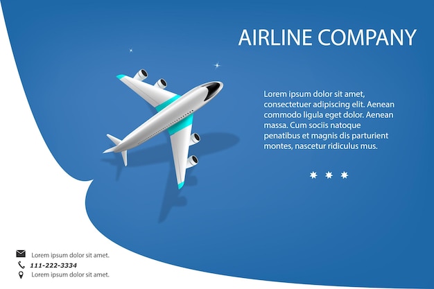 L'aereo è al decollo design del concetto di viaggio 3d vettore su sfondo blu per la promozione del turismo pubblicità modello virtuale vettoriale