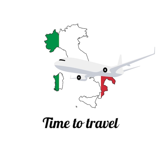 国旗の色で描かれたイタリアの地図上の飛行機 旅行ポスター テンプレート 空飛ぶ飛行機