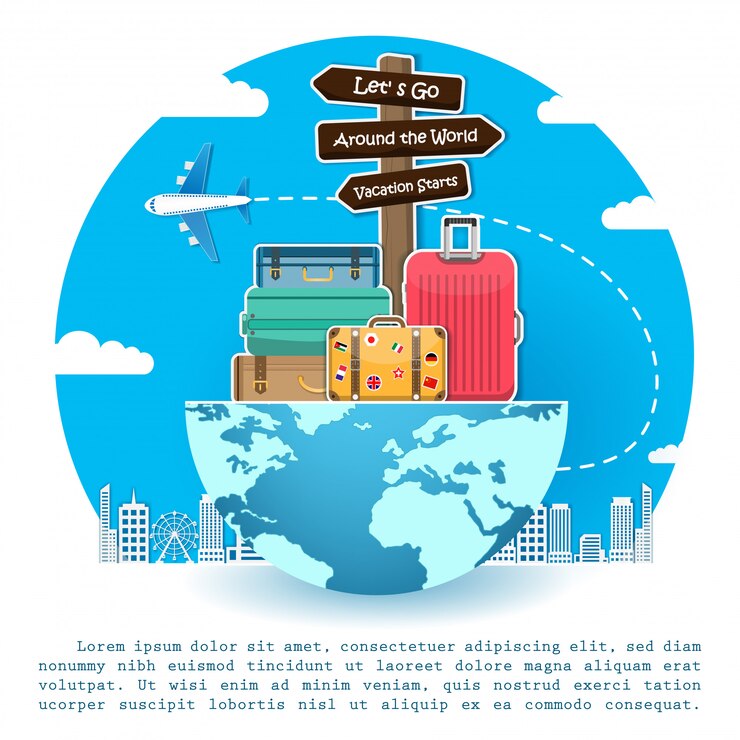 Vector plane and luggage travel around the world concept. 