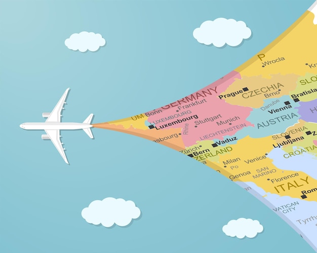 Самолет и бумага, вырезанные на карте Европы, векторный баннер путешествия и концепция туризма вид сверху