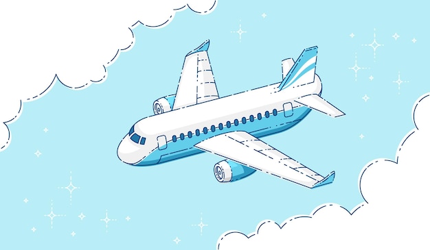 Plane passenger airliner flying in the sky surrounded by clouds, beautiful thin line 3d vector illustration.