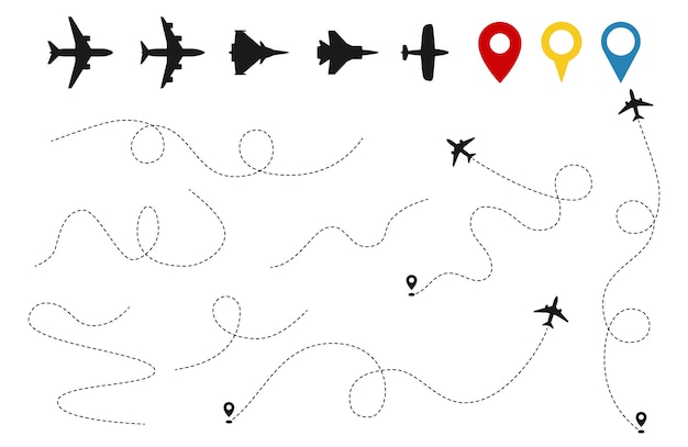 Plane paths vector. Aircraft tracking, planes silhouettes, location pins isolated on white background