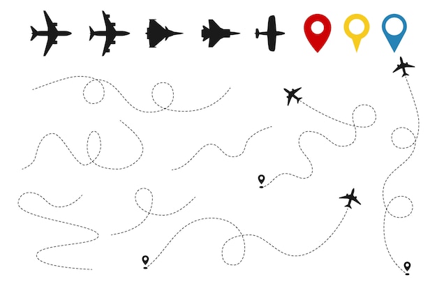 평면 경로 벡터. 항공기 추적, 비행기 실루엣, 흰색 배경에 고립 된 위치 핀