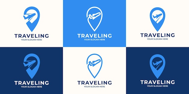 Plane pin combinatie logo voor reizen en vakantie inspiratie logo