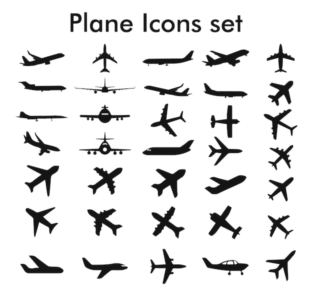 ベクトル 平面シルエット セット。飛行、離陸、走行中のさまざまな種類の飛行機のシルエットのセット。