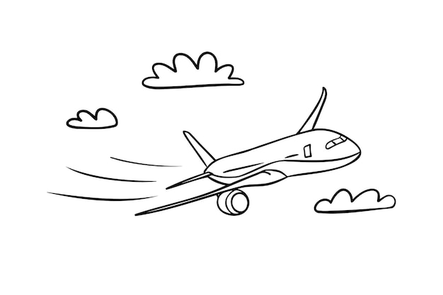 Vector plane in the sky clouds element outline doodle sketch simple line drawing style template isolated