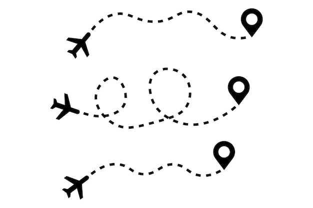 Коллекция значков самолетов и треков на белом фоне. Векторная иллюстрация