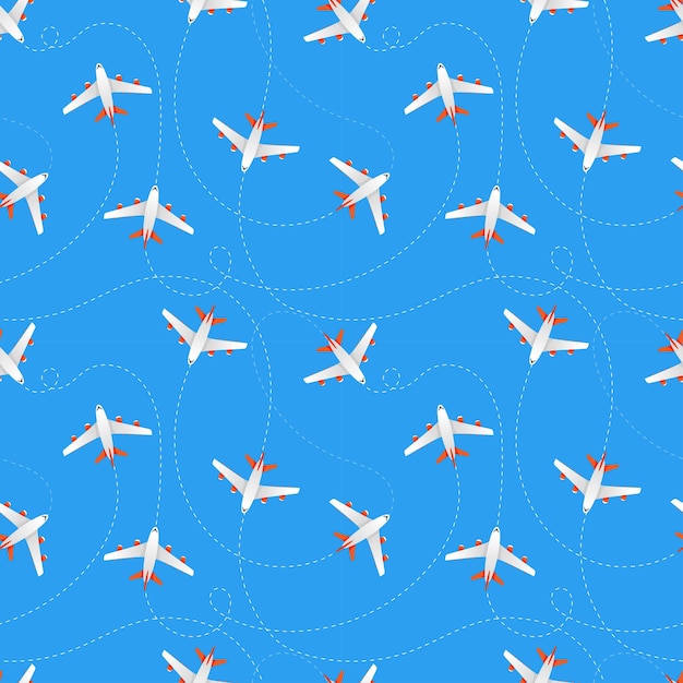 Plane travel pattern Airport flight lines destination route trip aircraft journey and aviation Decor travel textile wrapping paper wallpaper print or fabric Vector seamless illustration