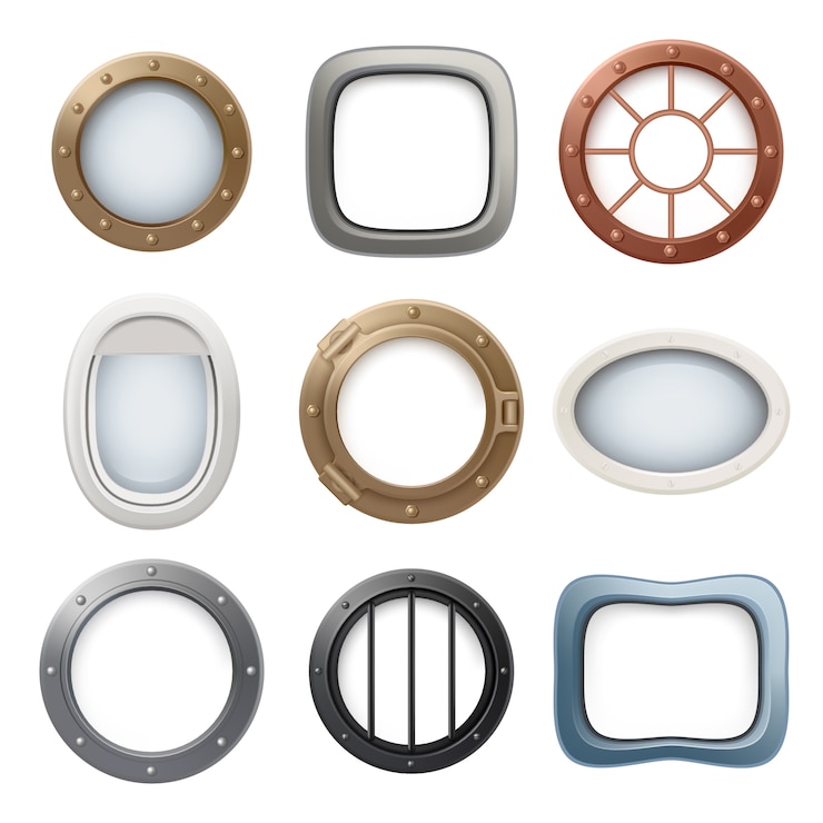 Vector plane window. ship boat round glass portholes aircraft interior  realistic 3d collection